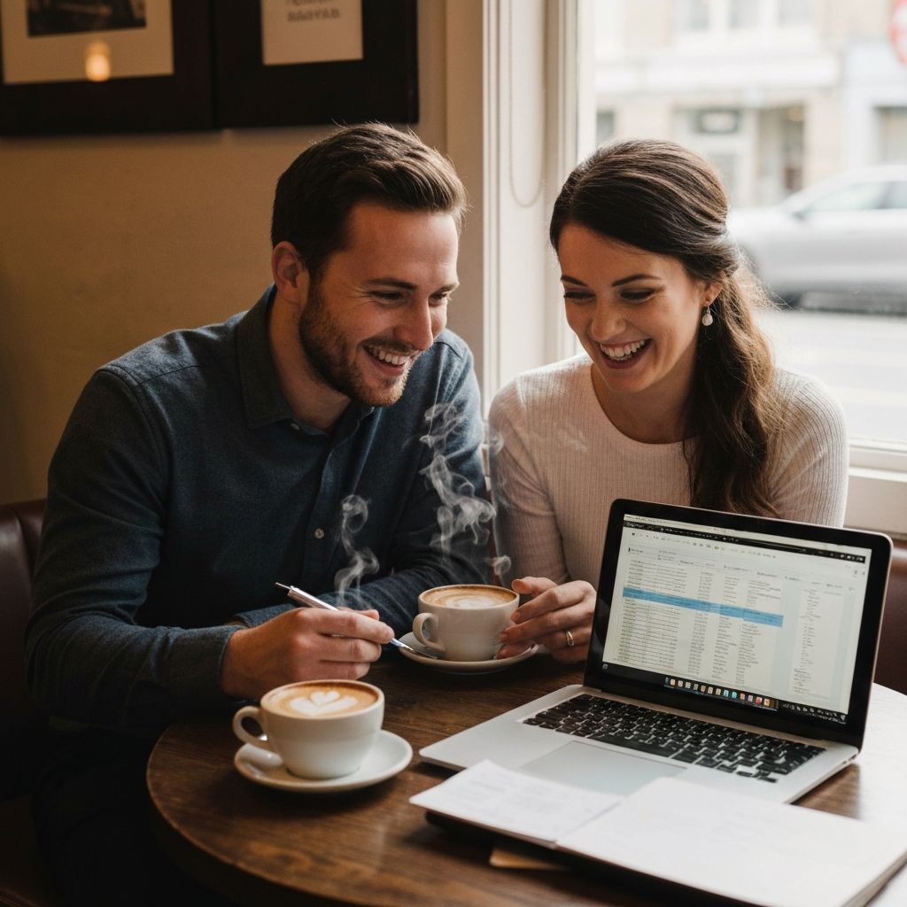 Couple reviewing wedding plans together at a cafe